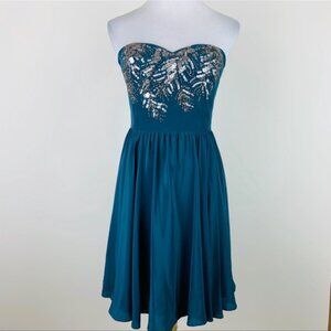 Rebecca Taylor Strapless Teal Silk Dress